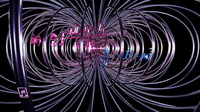 Flow lines of the magnetic field of a current loop, rendered as shiny tubes colored in gradually varying colors. Each closed flow line has an approximately elliptical shape. Essential physics equations rendered as 3D Latex characters from the same metallic material. Created with code by elkement 2025 (not by an AI image generator).
