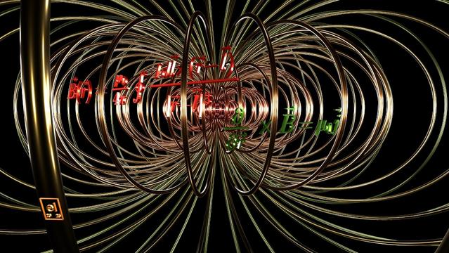Flow lines of the magnetic field of a current loop, rendered as shiny tubes colored in gradually varying colors. Each closed flow line has an approximately elliptical shape. Essential physics equations rendered as 3D Latex characters from the same metallic material. Created with code by elkement 2025 (not by an AI image generator).