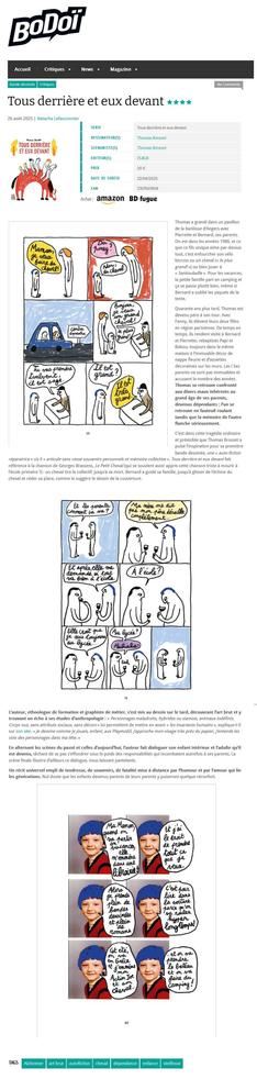 Copie d'écran de la page du site Bodoi.info avyla chronique 4* de la BD
De Thomas Brosset "Tous derrière et eux devant" parue en août 2025 aux éditions Flblb et  dont le lancement a lieu le 6 septembre 2025 à La Flibuste à Fontenay sous bois
Article en accès libre ici : http://www.bodoi.info/tous-derriere-et-eux-devant/