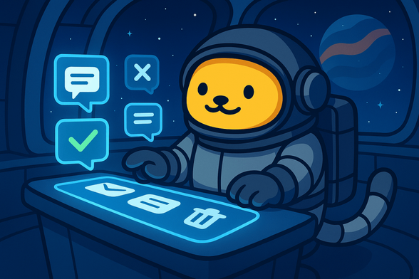 A cute Wapuu astronaut inside a futuristic space station, sitting at a glowing control desk with holographic message icons floating in front of them. Some messages have a green checkmark for approval, others a red X or trash bin icon for deletion. The Wapuu looks focused, managing which messages can enter from the Fediverse and which should be removed. The background shows the curved windows of the space station with stars and a planet outside, blending sci-fi tech with Wapuu’s cartoon charm.