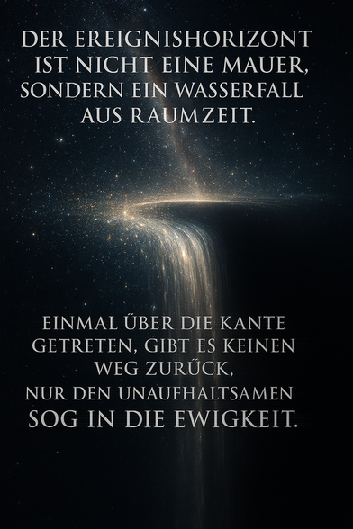 Spruch:
Der Ereignishorizont ist nicht eine Mauer, sondern ein Wasserfall aus Raumzeit. Einmal über die Kante getreten, gibt es keinen Weg zurück, nur den unaufhaltsamen Sog in die Ewigkeit.