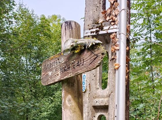 4 photos numériques couleur de différents formats, avec un panneau en bois fixé sur un poteau rond, qui indique Château Narteau. Au-dessus du panneau, la partie supérieure d'un crâne d'animal est posée.
Derrière, un poteau en ciment, des arbres et un ciel bleu pâle.