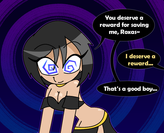 An aged up Xion posing provocatively in a bedlah garb while hypnotizing Roxas
Xion: You deserve a reward for saving me, Roxas~
Roxas: I deserve a reward...
Xion: That's a good boy...