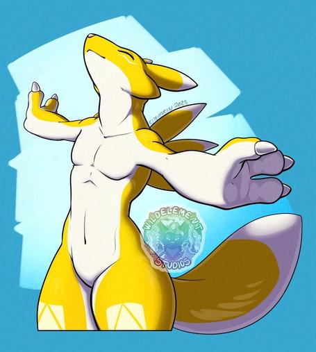 A masculine yellow and white renamon character OC, originally a dragon, with arms spread wide and head tilted up, content in their new form. Has a patterned rectangle marking on their thighs, no purple sleeves, and different markings than your typical rena.