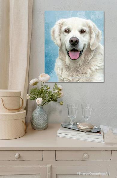 Light golden Golden Retriever dog on blue in a furniture setting by artist Sharon Cummings.