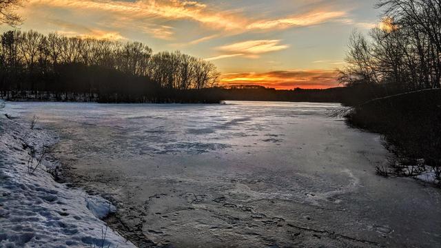 Beneath a partly cloudy sky the sun is setting behind the far shore of a large lake. The pale blue gray sky has some streaky, hazy clouds tinted orange and gold near and along the horizon. The leafless trees of a winter hardwood forest surrounds the lake on both sides and along that far shoreline. An inch or two of frozen snow pocked with the paw prints of small animals covers the ground. A few dormant leafless shrubs poke above the snow. The surface of the lake is completely frozen over.