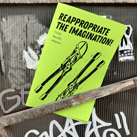 All 4 photos show the cover of a lime-green zine with an illustration of two bolt cutters, set against a natural or urban backdrop