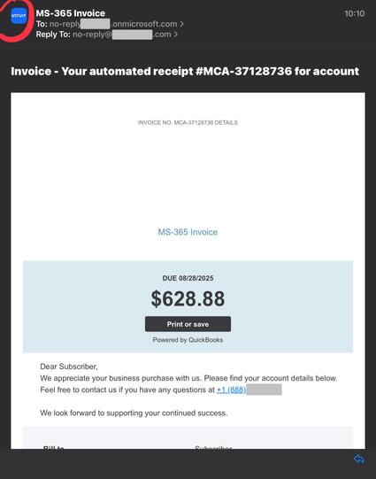 An image of a scam email invoice for a service, showing an Intuit BIMI logo, and apparently sent via Intuit QuickBooks.