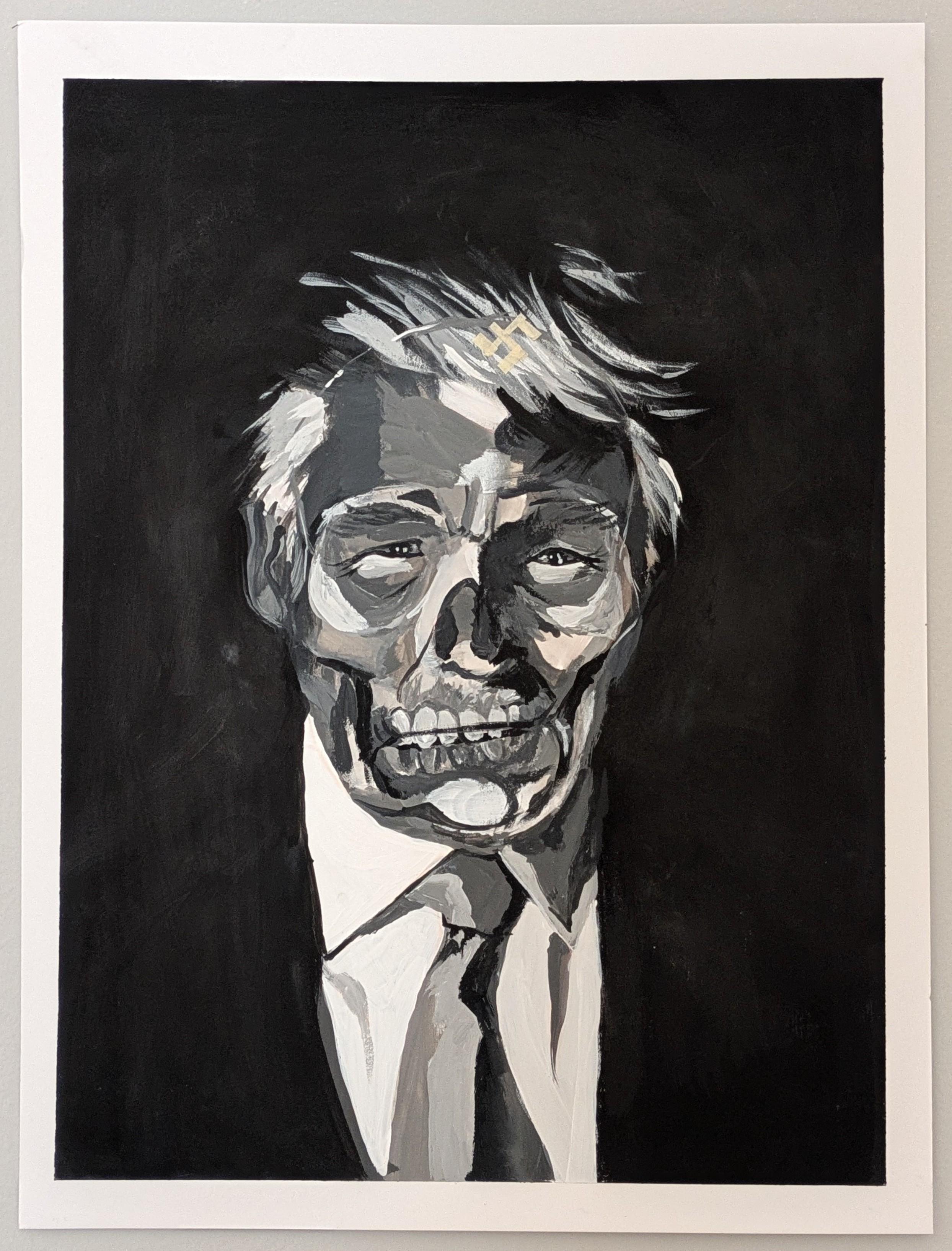 Black and white acrylic gouache painting by me. A skull superimposed over Trump portrait with a small masking tape swastika. An ode to Erwin Blumenfeld's photomontage from WWII. #resist