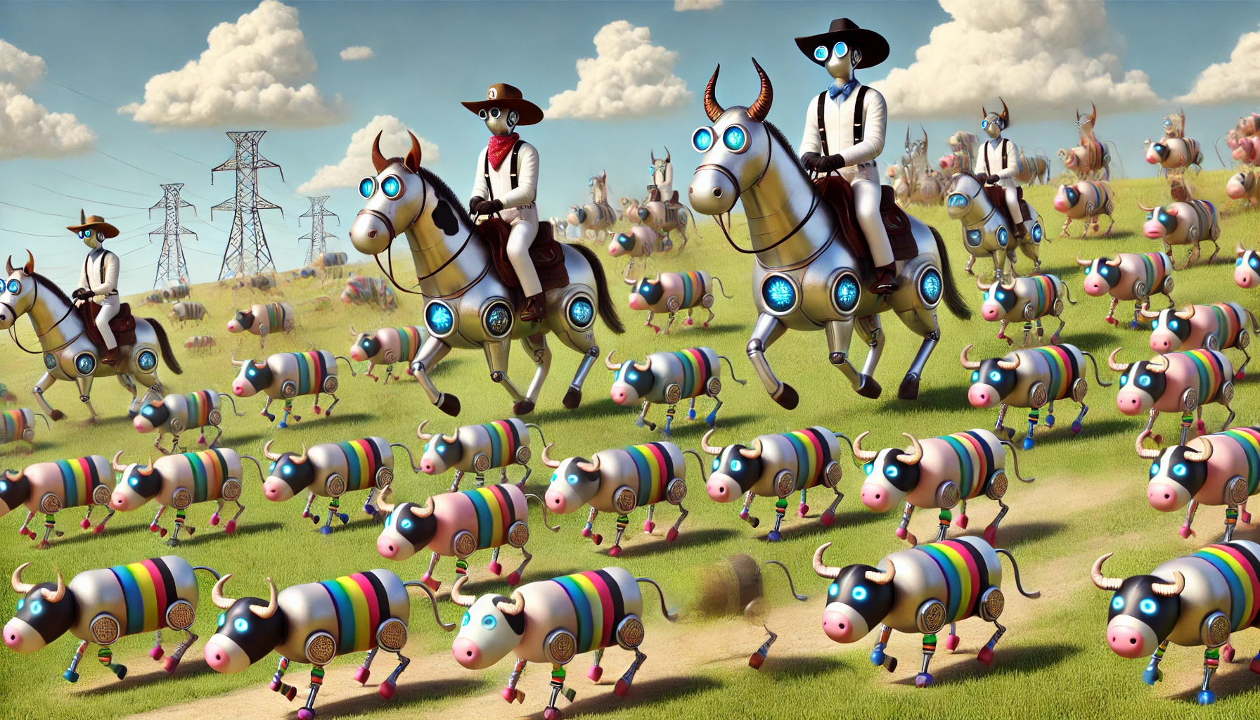 a cartoon of a herd of lego-like cows with resistor banding and cowboys with glowing eyes riding electromechanical horses