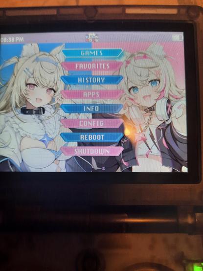 My clamshell Anbernic showing a menu prominently featuring Fuwawa and Mococo Abyssgard, anime demon dog twins.