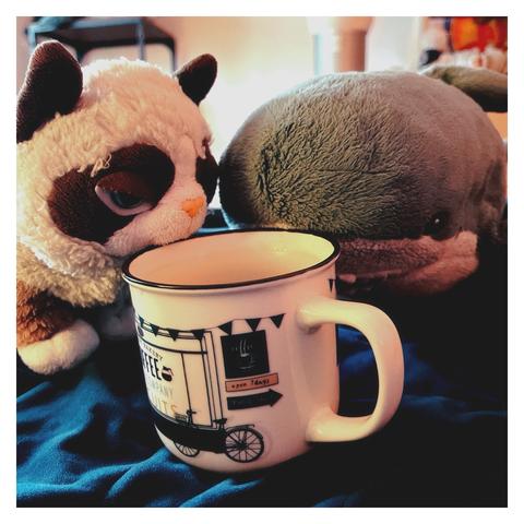 English: A coffee mug sits in the center, flanked by two plushies: a cat with a grumpy expression on the left and a blåhaj (smolhaj) on the right. The background features soft, blurred colors, creating a cozy setting.

Deutsch: Eine Kaffeetasse steht in der Mitte, flankiert von zwei Plüschtieren: einer Katze mit einem mürrischen Ausdruck auf der linken Seite und einem Blåhaj (Smolhaj) auf der rechten Seite. Der Hintergrund zeigt weiche, verschwommene Farben, die eine gemütliche Umgebung schaffen.