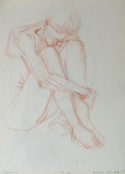 Drawing portrait of a female art model sitting naked on the floor, knees folded on her chest