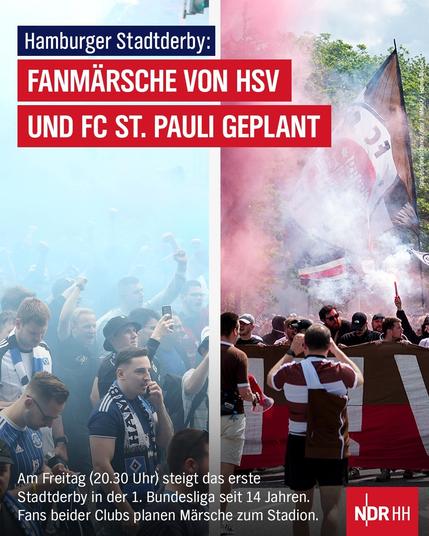 Foto: St. Pauli-Fans auf der Straße
Text: Hamburger Stadtderby: 
Fanmärsche von HSV und FC St. Pauli geplant
Am Freitag (20.30 Uhr) steigt das erste 
Stadtderby in der 1. Bundesliga seit 14 Jahren. Fans beider Clubs planen Märsche zum Stadion.