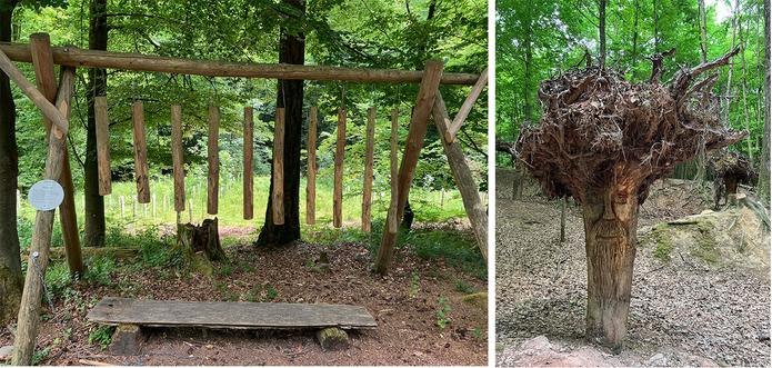 Stationen des Sinnenpfades mit Baumorgel und Fabelwesen