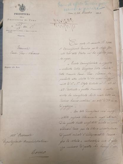 Prima pagina del documento della Prefettura di Como riportante le dichiarazioni fatte dal Commissario tecnico per le Strade ferrate dell'alta Italia, datato 20 dicembre 1880 e custodito presso l'Archivio di Stato di Como