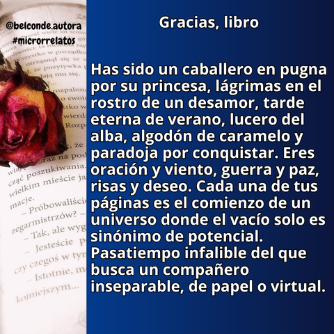 Gracias, libro

"Has sido un caballero en pugna por su princesa, lágrimas en el rostro de un desamor, tarde eterna de verano, lucero del alba, algodón de caramelo y paradoja por conquistar. Eres oración y viento, guerra y paz, risas y deseo. Cada una de tus páginas es el comienzo de un universo donde el vacío solo es sinónimo de potencial. Pasatiempo infalible del que busca un compañero inseparable, de papel o virtual."

#microrrelatos