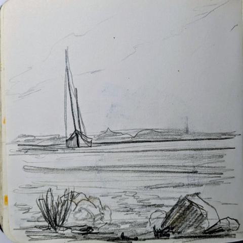 A pencil Sketch. A sailboat laying anchored in a bay, in the background a bulky ferry. In the foreground stones and Weeds