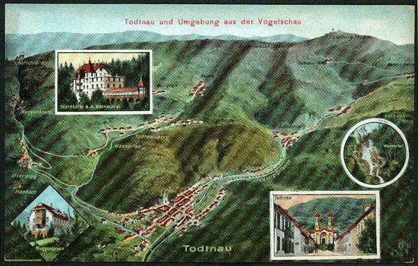 Farbfoto eine Postkarte, die eine Zeichnung der Gemeinde Todtnau aus der VVogelperspektive zeigt.