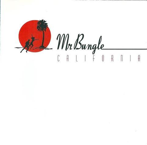 Album cover to ‘California’ by Mr Bungle. A mostly white album, stylised in a 50s aesthetic. There is a red sun, with the silhouette of a couple running and a palm tree.