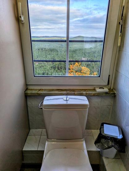 A photograph taken from a standing position shows a toilet in a small, tiled bathroom. The toilet is positioned directly in front of a wide window, which offers a striking panoramic view. The window is divided into four panes by a white frame. Through the window, a vast, undulating landscape is visible, covered in dense green and orange-tinged trees that stretch towards a distant line of hills. The sky above is cloudy, with patches of blue and bright sunlight illuminating the horizon. The bathroom walls are a neutral colour, and there is a small waste bin with a black liner to the right of the toilet.