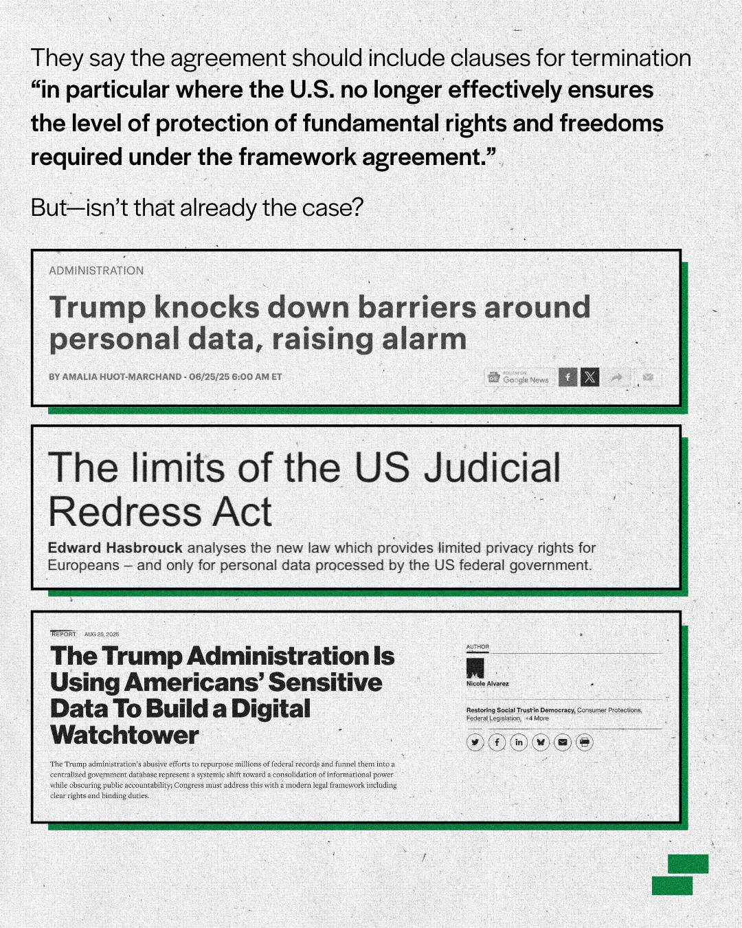 News headline clippings point to growing concern about US privacy, personal data and limits of redress.