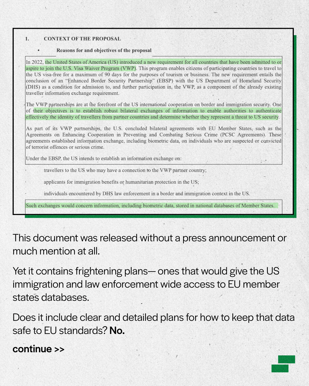 A section of the proposal document provides background on the Visa Waiver Program and outlines that the proposal for data sharing would concern information including biometric data stored in the national databases of Member States.