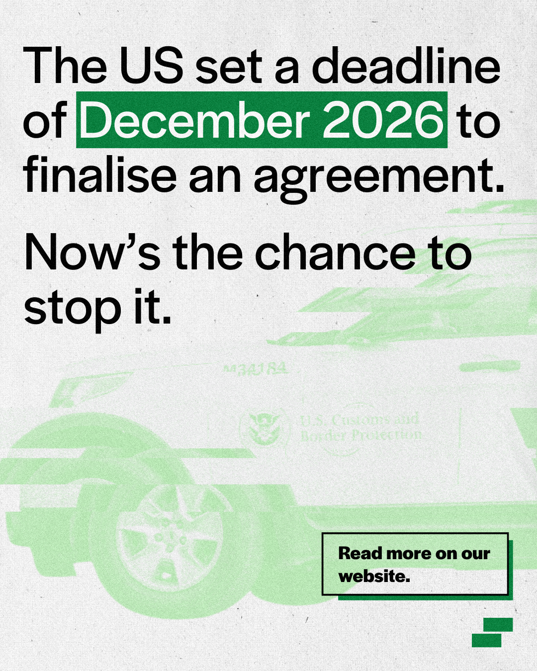 Text explains that the US has set a deadline of next December 2026 to reach an agreement, and calls for action to stop it.
