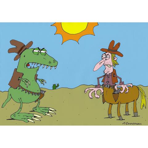 Ein T-Rex und ein Zentaur duellieren sich im wilden Westen während High Noon.