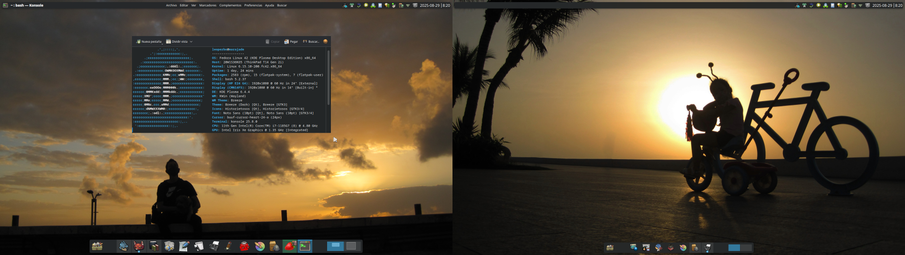 Fondo de pantalla: foto del amanecer con siluetas oscuras en primer plano. En el monitor izquierdo, se ve una silueta sentada con el cielo detrás, que tiene algunas nubes esponjosas y dramáticas iluminadas por los tonos anaranjados y amarillos del sol. En el monitor derecho, una silueta de una niña andando en su triciclo con una diadema de antenas, pasa junto a una bicicleta decorativa sobre el bulevar con un gran sol resplandeciente detrás. 

Hay un panel ubicado en la parte inferior de ambas pantallas, a modo de dock, con iconos de aplicaciones ancladas, un lanzador de aplicaciones y el estado del sistema. Se aprecian iconos de aplicaciones como Firefox, Konsole, y gestores de archivos en estilo historieta.

La aplicación en primer plano en el monitor izquierdo es una ventana de terminal (Konsole) mostrando la salida de fastfetch, que muestra información del sistema de manera artística. Se puede observar que el sistema operativo es Fedora Linux 42 (KDE Plasma), el host es un ThinkPad T14 Gen 2i, con un kernel Linux 6.15.10. Está colocada de manera que la parece que silueta de la persona sentada mira hacia arriba para ver la información.

El panel superior del escritorio en el monitor izquierdo muestra, de izquierda a derecha,  el título de la ventana, el menú de la aplicación, la bandeja del sistema, la fecha y hora.
