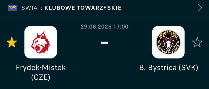screenshot zapowiadający mecz hokeja: Frýdek Místek vs Banská Bystrica