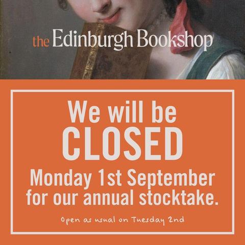 Showcard for the Edinburgh Bookshop, announcing a day closed for annual stocktake on Monday September 1st