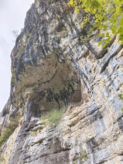 Vue en contre-plongée d'une falaise calcaire avec au centre un renfoncement. Le ciel est gris.