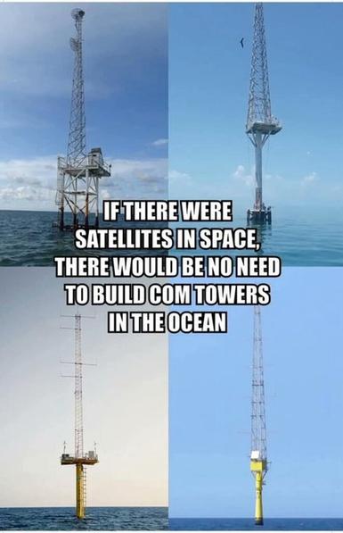 Bildbeschreibung (Deutsch):
Die drei Bilder zeigen typische Memes aus der Flat-Earth-Szene: Kommunikationstürme im Meer, Baukräne mit Pendeln und Sonnenstrahlen durch Wolken. Die Bildunterschriften stellen scheinbar logische, in Wirklichkeit aber wissenschaftlich falsche Fragen, die grundlegende physikalische Tatsachen ignorieren.
Image Description (English):
The three images depict typical Flat Earth memes: communication towers in the ocean, construction cranes with hanging cables, and sun rays shining through clouds. The captions pose seemingly logical, but in reality scientifically false questions that ignore basic physical facts.🖖