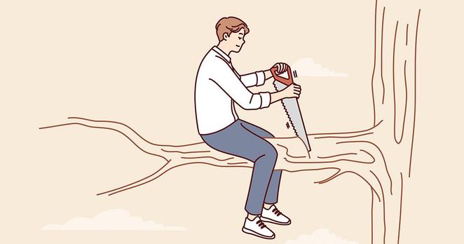 Illustration d’un homme assis sur une branche en train de la scier du côté où il est assis, image paradoxale qui symbolise l’absurdité ou l’autodestruction. Elle évoque visuellement le paradoxe des psychothérapies : vouloir prouver scientifiquement leur efficacité mais voir les preuves disparaître quand les statistiques sont rigoureuses.