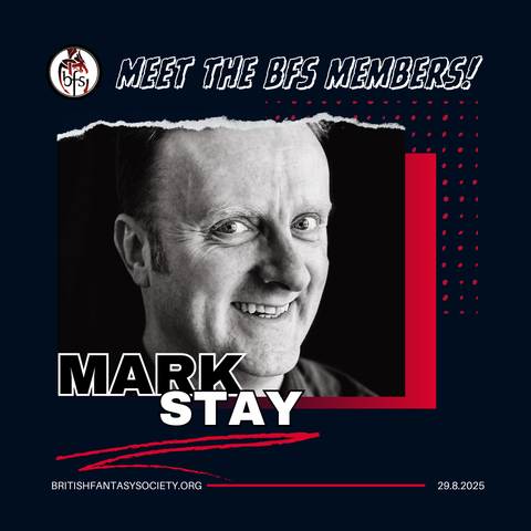 On a black background with flourishes of red lines and dots is the text: Meet the BFS members! Mark Stay. Mark is pictured at centre: he is a middle-aged white man with dark hair, and is smiling at the camera.