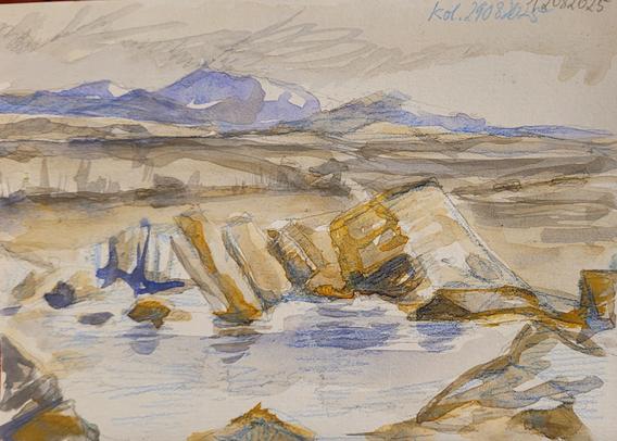 Aquarellskizze: bergige Landschaft mit Felsbrocken im Vordergrund, dazwischen ein Gewässer