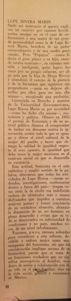 Artículo que presenta a Lupe Rivera Marín, hija del muralista Diego Rivera, destacando su carrera en Derecho y activismo feminista.