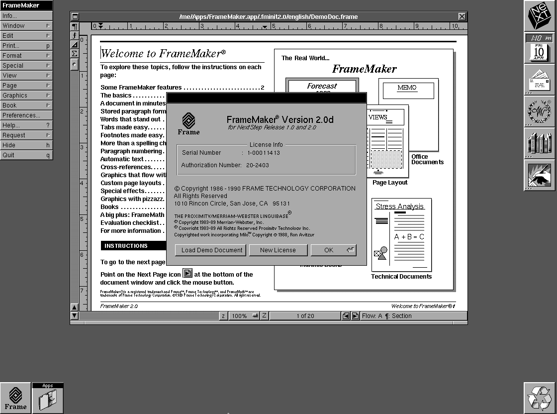a screenshot of FrameMaker 2.0d running on NeXTSTEP