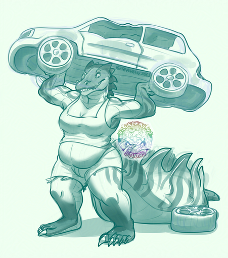 A green shaded sketch, including some marking details, of a tall strong-fat crocodile lady, confidently lifting a normal sized car like its nothing, using her thicc spiky tail for stability. The poor car has been totalled and there is a wheel on the ground to the right. Thankfully, she's not here to break things, she's here to help clean up after an accident. No need for trucks and cranes to lift heavy objects here!