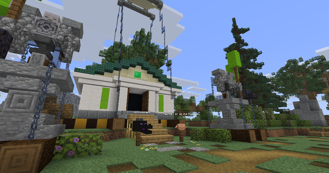 Auf dem Bild sieht man eine Minecraft Welt, in der ein Helikopter ein Museumsgebäude vom Cubyx Team (gebaut) gerade auf den Boden absetzt. Davor wurde das Gebäude durch die Luft transportiert.