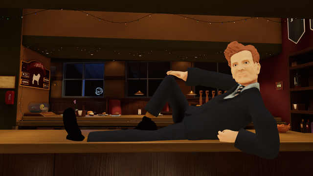 An avatar resembling Conan O'Brien is posing supine upon the main bar top of The Great Pug. He exudes confidence.