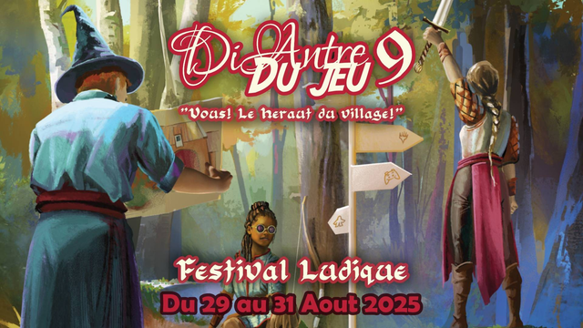 Affiche du festival.
🎨 Éléments visuels :
- Trois personnages dans un décor forestier :
- À gauche, un personnage coiffé d’un large chapeau observe un panneau en bois avec des flèches indiquant différentes directions — une touche d’aventure et de quête.
- À droite, un personnage debout, équipé d’une épée et d’une écharpe rouge, regarde également vers le panneau, prêt à partir à l’aventure.
- Au centre, assis, un personnage avec des lunettes de soleil et des tresses, apportant une touche décontractée et moderne à l’ambiance médiévale.
- L’arrière-plan montre une forêt dense, évoquant un monde magique ou mystérieux, avec une atmosphère festive.