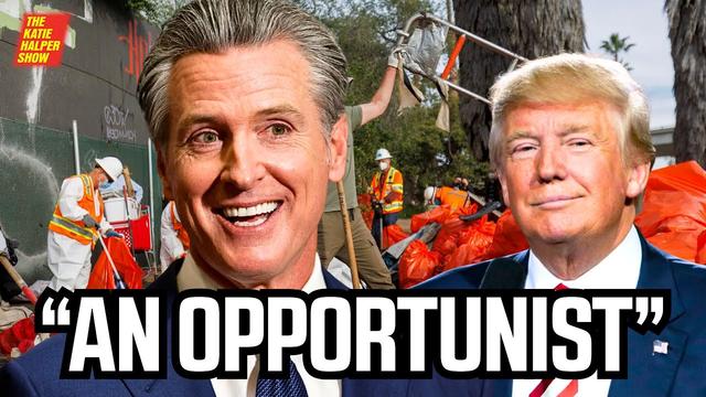 Image of Gavin Newsom next to Trump with the words an opportunist in quotes underneath.