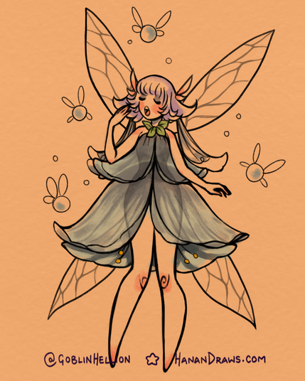 Digital illustration of a fairy yawning sleepily, with some mini fairies around her. She is wearing what looks like two upturned somewhat sheer flowers as a dress.