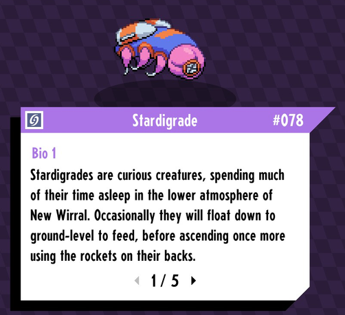 Screenshot from "Cassette Beasts" of the beast "Stardigrade", a large pink tardigrade with a jet pack.