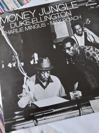 Black and white album cover of the 1962 record "Money Jungle" with Duke Ellington, Charles Mingus and Max Roach.