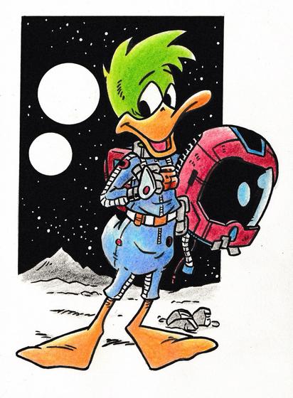 An anthropomorphic duck wearing a blue spacesuit, holding a red helmet standing on a grey planet with two moons and stars in the background.