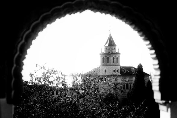 A black and white photo of a detailed building tower with a pointed roof, seen through a dark, ornate archway. Bare tree branches are visible in the foreground, with the building's facade and tower dominating the bright, blown-out background.