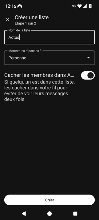 Copie d'écran de la création d'une nouvelle liste